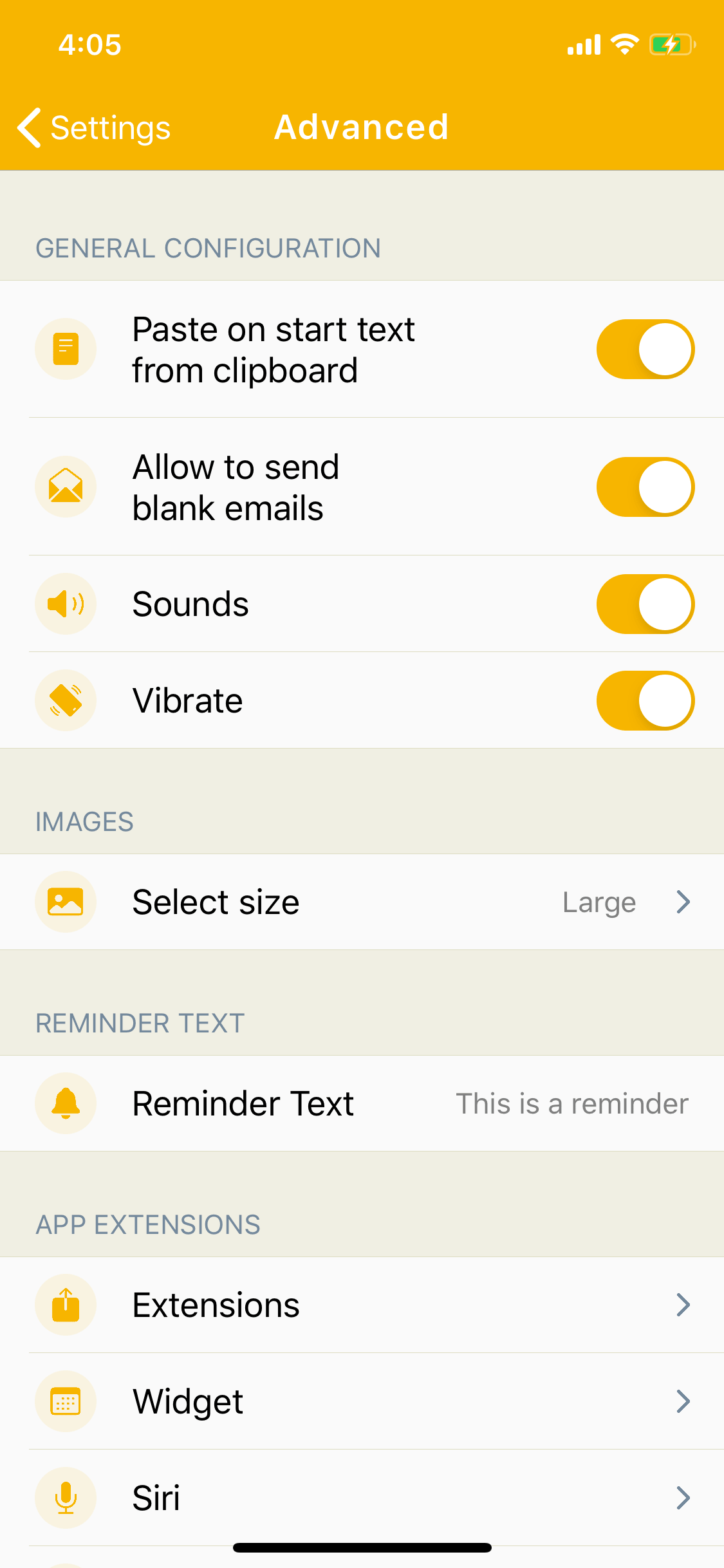 Email Me App reorganized settings menu on iOS 13 with grouped options and shortcuts for easier configuration